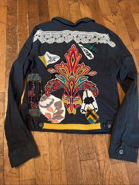 Jessica Navy Blue Denim Jean Jacket with Multicolor Patches